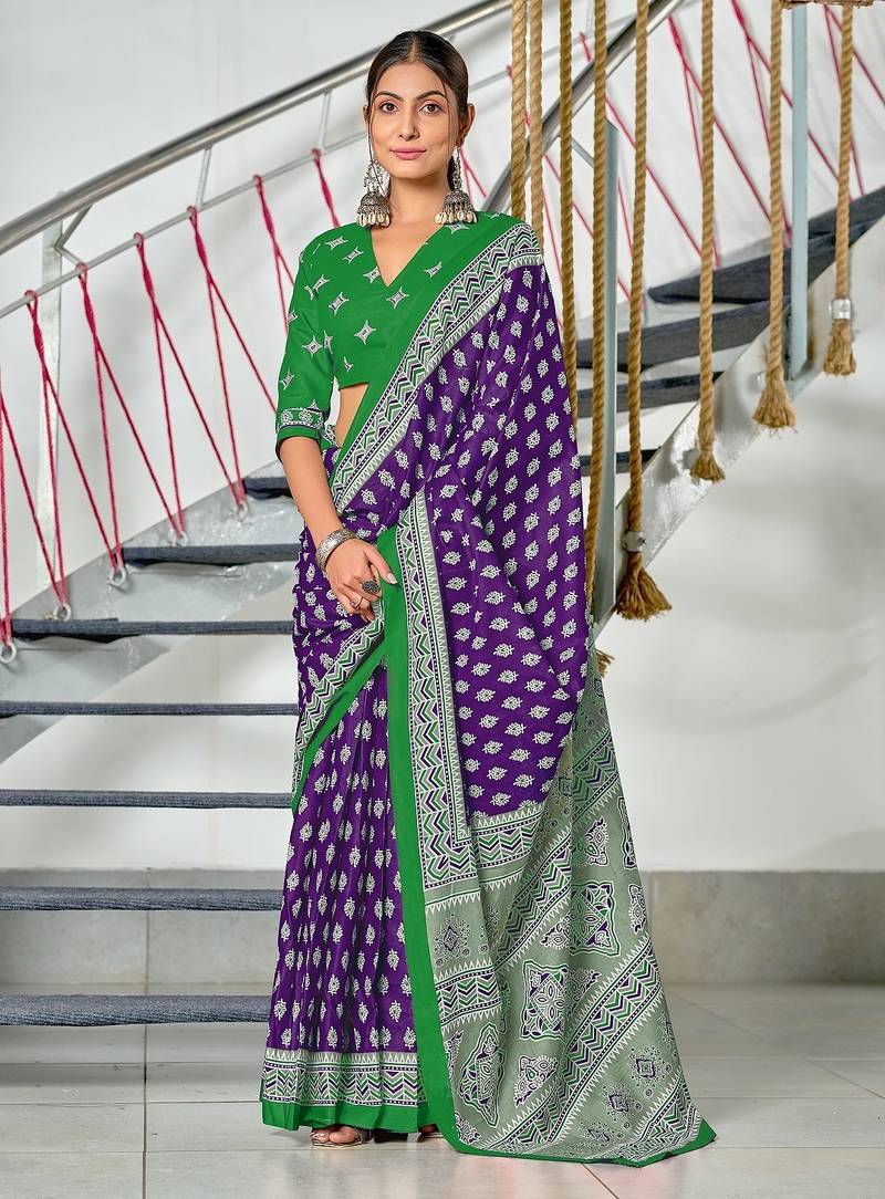 Purple floral print mulmul cotton saree with blouse.