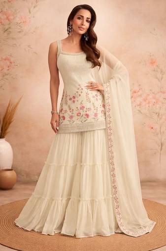 Beige faux georgette  sharara salwar suit collection un stitched