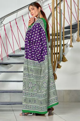 Purple floral print mulmul cotton saree with blouse.