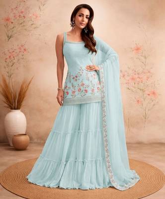 Sky blue faux georgette sharara salwar suit un stitched 1
