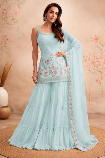 Sky blue faux georgette  sharara salwar suit collection un stitched