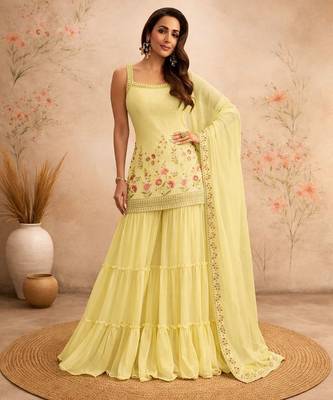 Yellow faux georgette  sharara salwar suit collection un stitched 1