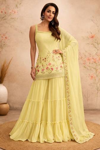 Yellow faux georgette  sharara salwar suit collection un stitched