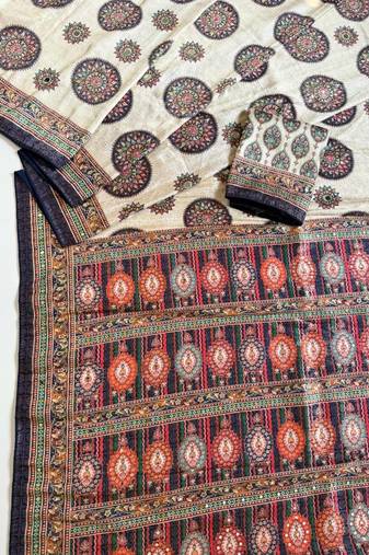 Navy Blue Color  Digital Printing With Original Mirror Work Dola Silk Saree 