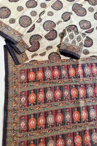 Navy Blue Color  Digital Printing With Original Mirror Work Dola Silk Saree 