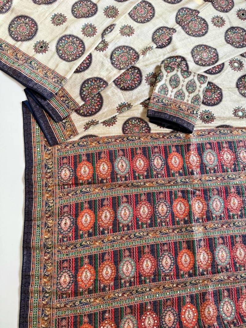 Navy Blue Color  Digital Printing With Original Mirror Work Dola Silk Saree 