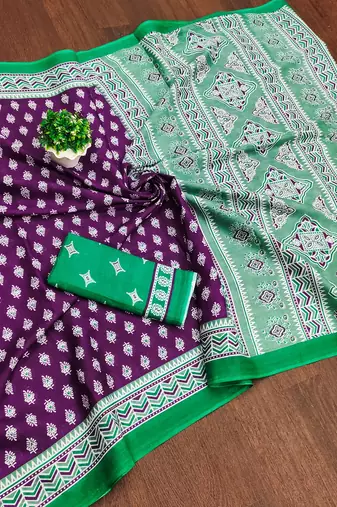 Purple floral print mulmul cotton saree with blouse.