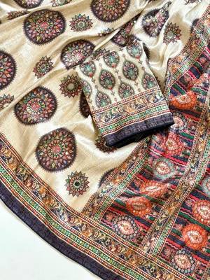 Navy Blue Color  Digital Printing With Original Mirror Work Dola Silk Saree  2