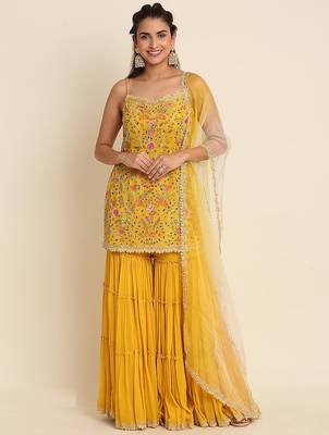 Yellow faux georgette  sharara salwar suit collection un stitched 1