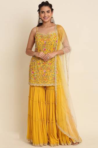 Yellow faux georgette  sharara salwar suit collection un stitched