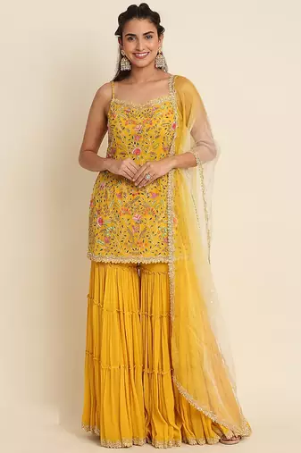 Yellow faux georgette  sharara salwar suit collection un stitched