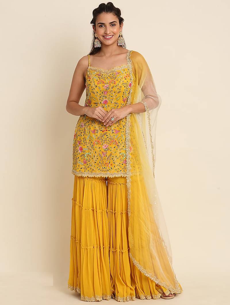 Yellow faux georgette  sharara salwar suit collection un stitched