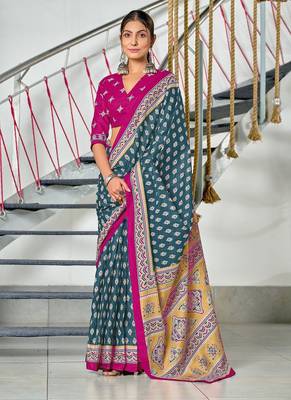 Teal blue floral print mulmul cotton saree with blouse. 1