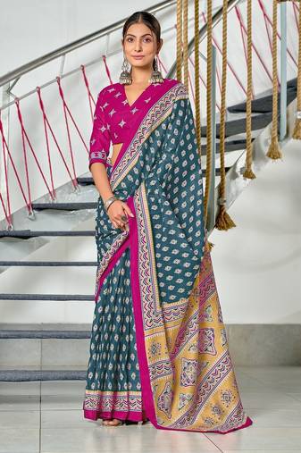 Teal blue floral print mulmul cotton saree with blouse.