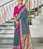 Teal blue floral print mulmul cotton saree with blouse.