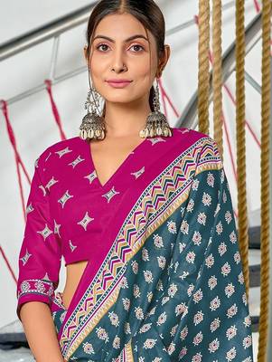 Teal blue floral print mulmul cotton saree with blouse. 2