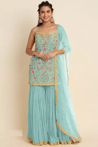 Sky blue faux georgette  sharara salwar suit collection un stitched