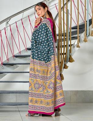 Teal blue floral print mulmul cotton saree with blouse. 3