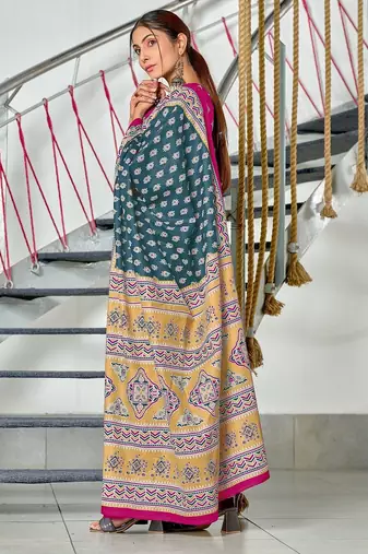 Teal blue floral print mulmul cotton saree with blouse.