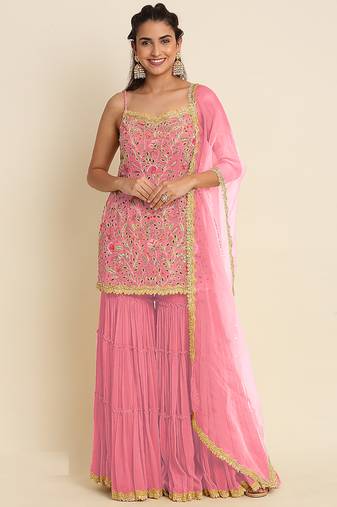 Pink faux georgette  sharara salwar suit collection un stitched