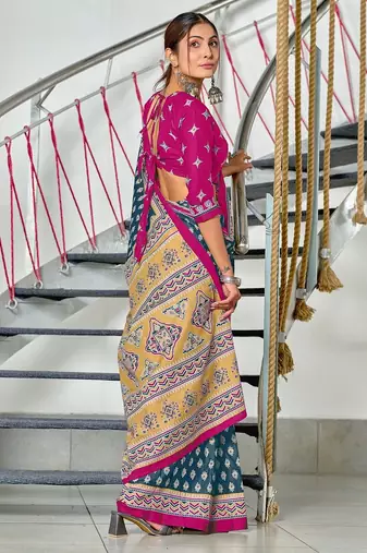 Teal blue floral print mulmul cotton saree with blouse.
