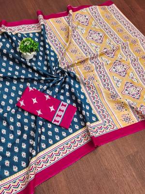 Teal blue floral print mulmul cotton saree with blouse. 5