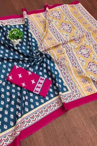 Teal blue floral print mulmul cotton saree with blouse.