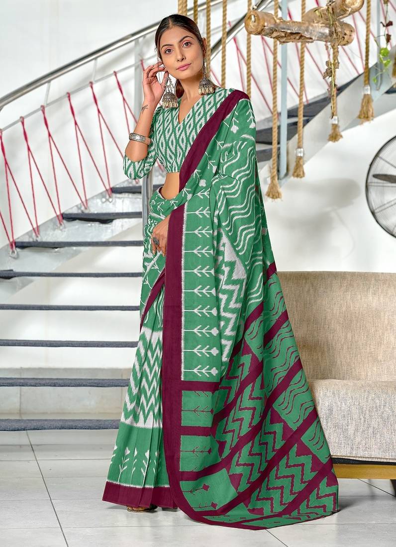 Green ikkat print mulmul cotton saree with blouse.