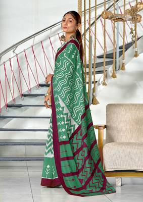 Green ikkat print mulmul cotton saree with blouse. 3