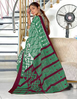 Green ikkat print mulmul cotton saree with blouse. 4