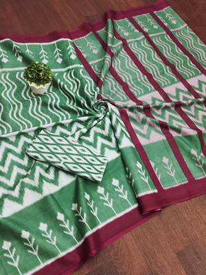 Green ikkat print mulmul cotton saree with blouse. 5