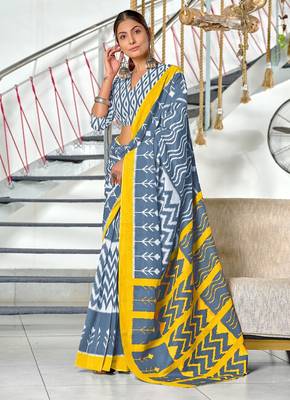Grey ikkat print mulmul cotton saree with blouse. 1