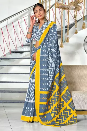 Grey ikkat print mulmul cotton saree with blouse.