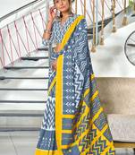 Grey ikkat print mulmul cotton saree with blouse.