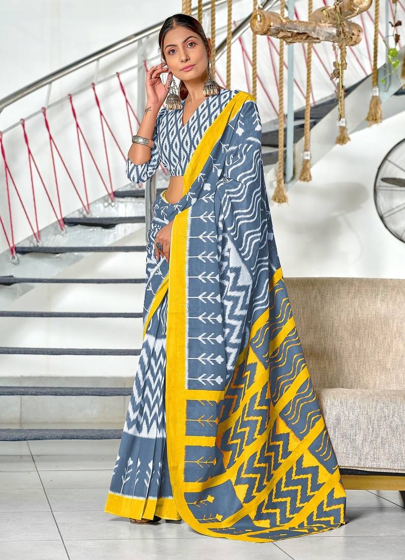 Grey ikkat print mulmul cotton saree with blouse.