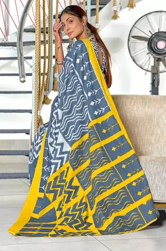 Grey ikkat print mulmul cotton saree with blouse.