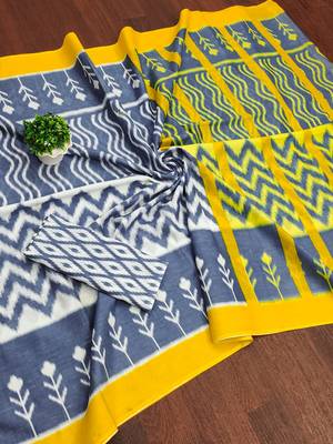 Grey ikkat print mulmul cotton saree with blouse. 5