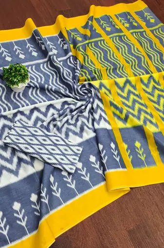 Grey ikkat print mulmul cotton saree with blouse.