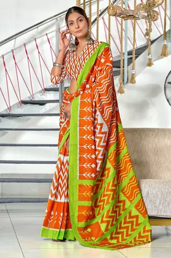 Orange ikkat print mulmul cotton saree with blouse.