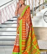 Orange ikkat print mulmul cotton saree with blouse.