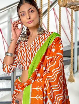 Orange ikkat print mulmul cotton saree with blouse. 2