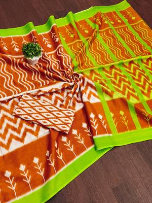 Orange ikkat print mulmul cotton saree with blouse. 5