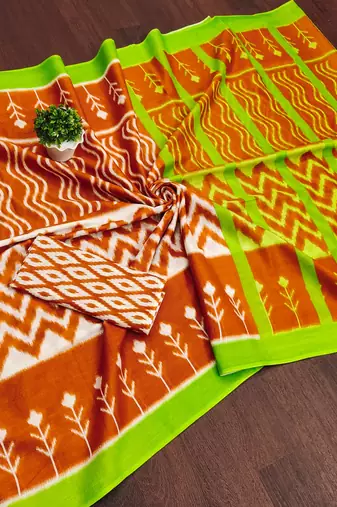 Orange ikkat print mulmul cotton saree with blouse.