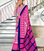 Pink ikkat print mulmul cotton saree with blouse.