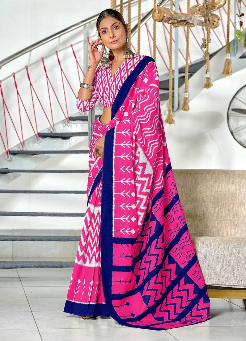 Pink ikkat print mulmul cotton saree with blouse.