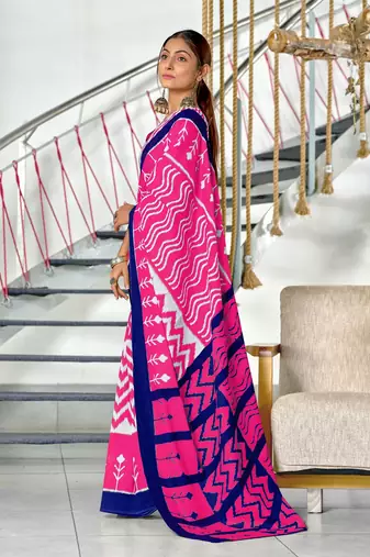 Pink ikkat print mulmul cotton saree with blouse.