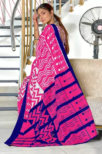 Pink ikkat print mulmul cotton saree with blouse.