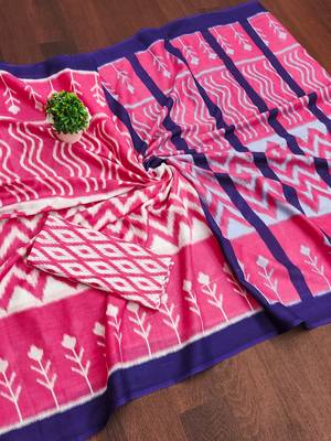 Pink ikkat print mulmul cotton saree with blouse. 5