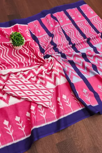 Pink ikkat print mulmul cotton saree with blouse.