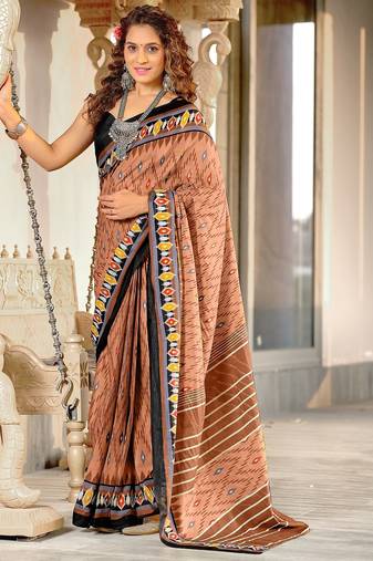Brown ikkat print mulmul cotton saree with blouse.
